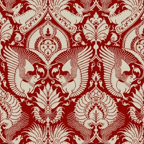 fancy damask with animals, dark red and ivory