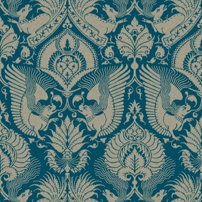 fancy damask with animals, teal and flax