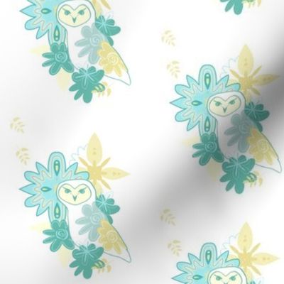 Owl with Flowers and Leaves in aqua teal and yellow on white