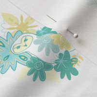 Owl with Flowers and Leaves in aqua teal and yellow on white
