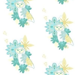 Owl with Flowers and Leaves in aqua teal and yellow on white