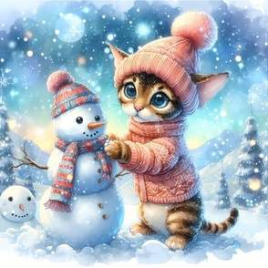 The little cat makes a snowman while waiting for his friends!