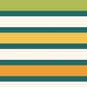 Green Rainbow Breton Stripes Reversed Everglade Dark Green Bright Chartreuse Sunshine Yellow, Orange and Cream Beach Stripe
