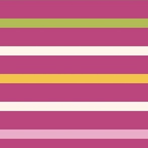 Raspberry Pink Rainbow Breton Candy Stripes - Bright Chartreuse, Sunshine Yellow and Lilac on Very Berry - Girly Summer Nautical Horizontal Stripe