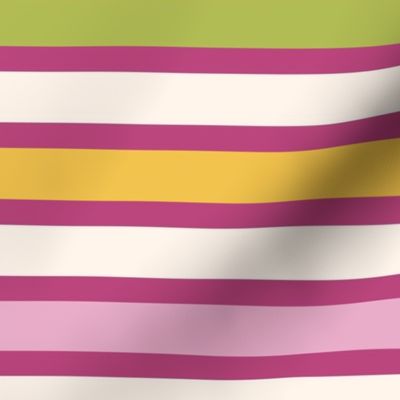 Pink Rainbow Breton Stripes Reversed - Colourful Bright Chartreuse, Sunshine Yellow and Lilac on Very Berry - Girly Summer Beach Resort Horizontal Stripe