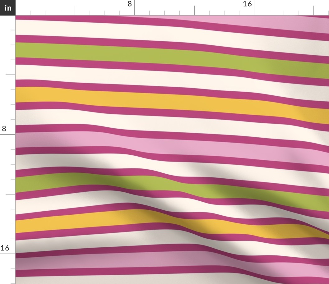 Pink Rainbow Breton Stripes Reversed - Colourful Bright Chartreuse, Sunshine Yellow and Lilac on Very Berry - Girly Summer Beach Resort Horizontal Stripe