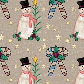  Cozy Christmas Candy Canes and Snowmen on Cream Tan