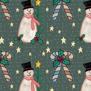 Cozy Christmas Candy Canes and Snowmen on Green