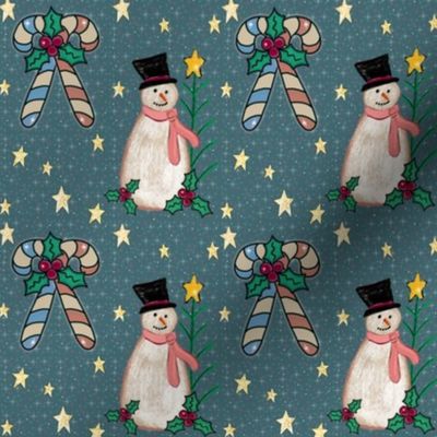 Cozy Christmas Candy Canes and Snowmen on Blue