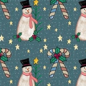 Cozy Christmas Candy Canes and Snowmen on Blue