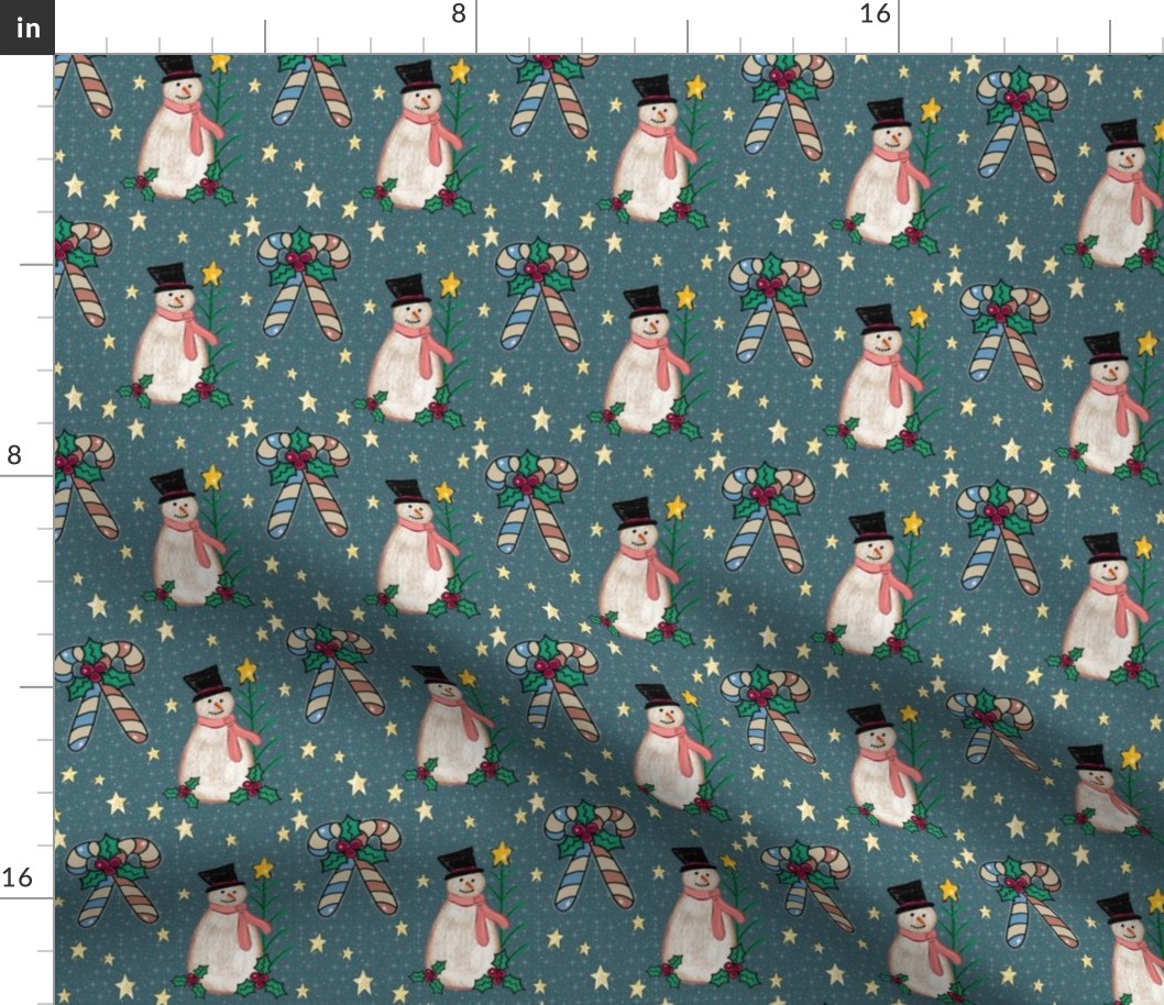 Cozy Christmas Candy Canes and Snowmen on Blue