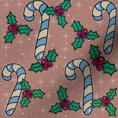 Cozy Christmas Candy Canes, Cream and Blue on Mauve Pink