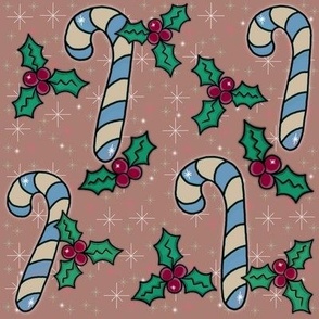 Cozy Christmas Candy Canes, Cream and Blue on Mauve Pink