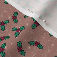 Cozy Christmas Holly Berries on Mauve Pink Sparkles