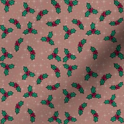 Cozy Christmas Holly Berries on Mauve Pink Sparkles