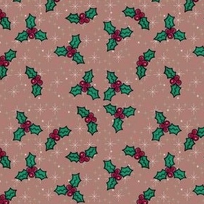 Cozy Christmas Holly Berries on Mauve Pink Sparkles