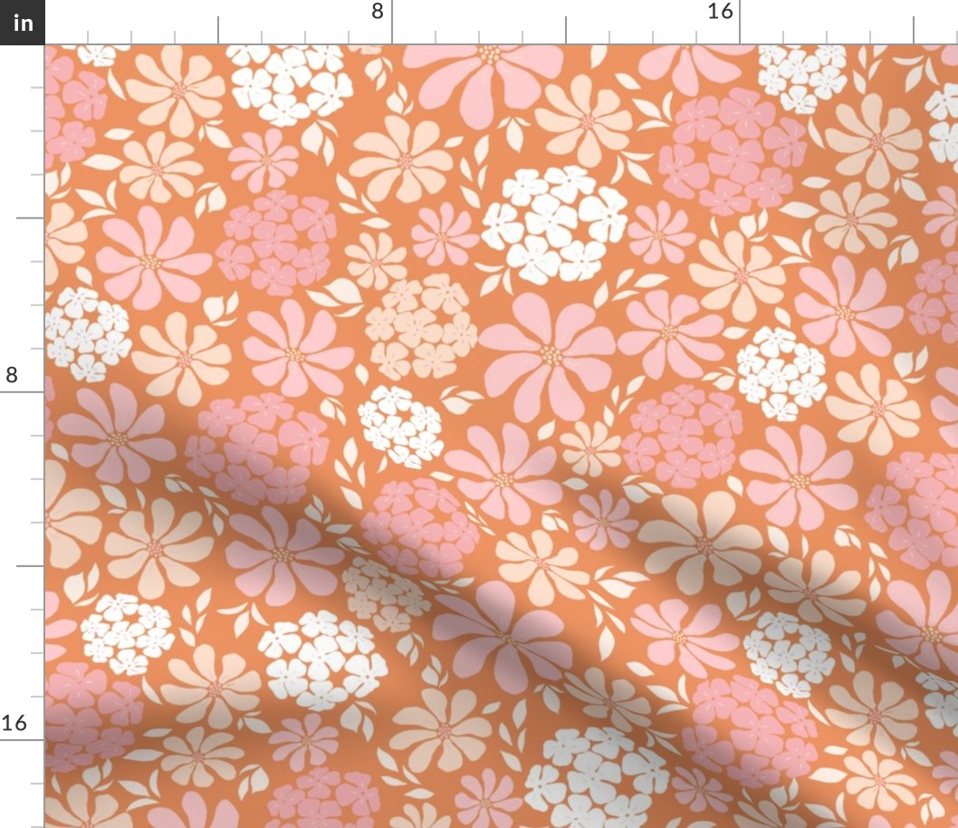 Spring floral of bold flowers in pink, coral, peach and orange