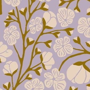 Plum Blossoms in Cream and Mustard  | Medium Version | Chinoiserie Style Pattern at an Asian Teahouse Garden