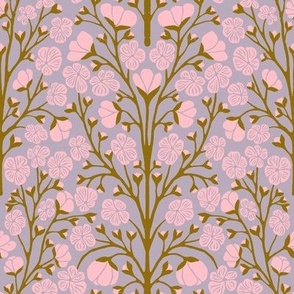 Plum Blossoms in Pink and Mustard  | Small Version | Chinoiserie Style Pattern at an Asian Teahouse Garden