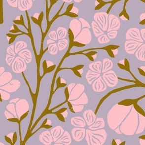 Plum Blossoms in Pink and Mustard  | Medium Version | Chinoiserie Style Pattern at an Asian Teahouse Garden