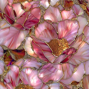 Stained Glass Watercolor Pink and Gold Shining Roses