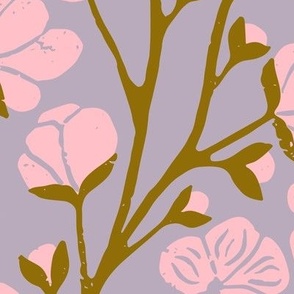 Plum Blossoms in Pink and Mustard  | Large Version | Chinoiserie Style Pattern at an Asian Teahouse Garden