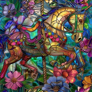 Stained Glass Watercolor Fantasy Colorful Carousel Horse with Glimmering Flowers
