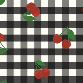 Large cherry gingham - red cherries on black and white gingham check - vicy check - checkerboard - cute vintage inspired summer picnic Buffalo check - Country checks - Gingang Genggang Jangjang - Shepherds check