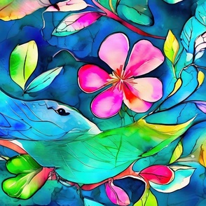 pink flowers and blue green birds