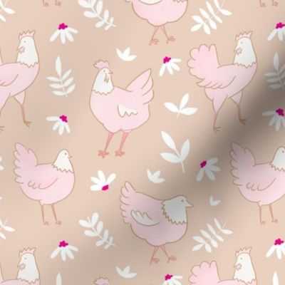 Spring Pink Chickens and Floral in Tan / small