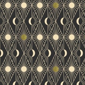 Whimsigothic Art Deco Sun and Moon | Charcoal and Beige with Gold Glitter Touches | Small Scale