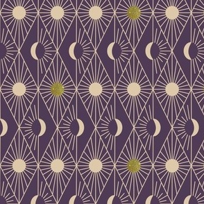 Whimsigothic Art Deco Sun and Moon | Purple and Beige with Gold Glitter Touches | Small Scale