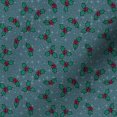 Cozy Christmas Holly Berries on Blue Sparkles