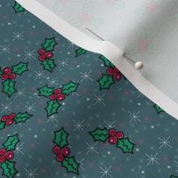 Cozy Christmas Holly Berries on Blue Sparkles