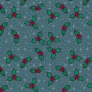 Cozy Christmas Holly Berries on Blue Sparkles