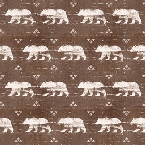 White Polar Bears on Dark BrownPolar Western Distressed Fabric Ski Lodge Cabin Western Mountain Distressed  Small Scale