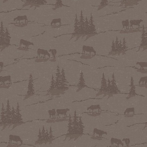 Moody Western Toile Landscape with Cows and Pine Trees in Brown