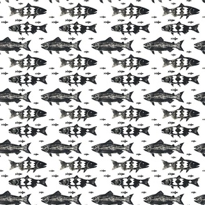School of Swimming Fish Trout Salmon Black on White Background Minimalist  Wood Stamped Simple