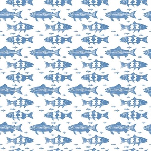 School of Swimming Fish Trout Salmon Navy Blue on White Background Minimalist  Wood Stamped Simple