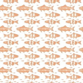 School of Swimming Fish Trout Salmon Rust Orange on White Background Minimalist  Wood Stamped Simple