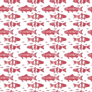 School of Swimming Fish Trout Red on White Background Minimalist  Wood Stamped Simple