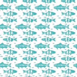 School of Swimming Fish Trout Salmon Teal Blue on White Background Minimalist  Wood Stamped Simple