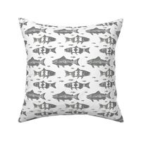 School of Swimming Fish Trout Salmon Gray on White Background Minimalist  Wood Stamped Simple