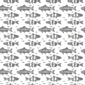 School of Swimming Fish Trout Salmon Gray on White Background Minimalist  Wood Stamped Simple