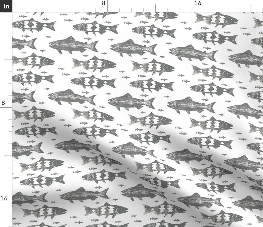School of Swimming Fish Trout Salmon Gray on White Background Minimalist  Wood Stamped Simple
