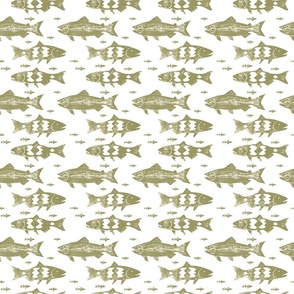 School of Swimming Fish Trout Salmon Sage Green on White Background Minimalist  Wood Stamped Simple