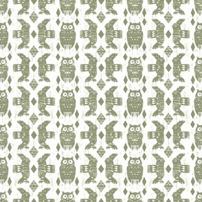 Stamped Owls Simple Woodland Animals Birds Khaki Green Sage on White Wood Cut Southwest Native Minimalist Rustic