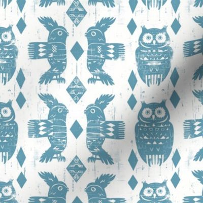 Stamped Owls Simple Woodland Animals Birds Steel Blue on White Wood Cut Southwest Native Minimalist Rustic
