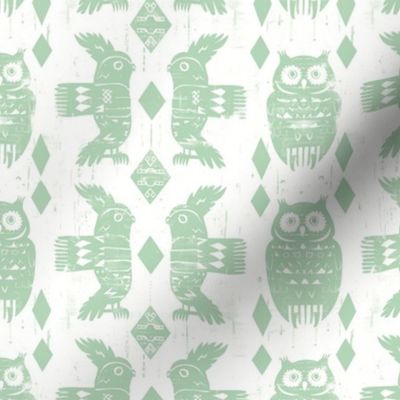 Stamped Owls Simple Woodland Animals Birds Pastel Seafoam Green on White Wood Cut Southwest Native Minimalist Rustic