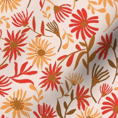 LARGE: Fun Red and Orange Daisies Brown and red Leaves on a beige Background